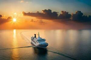 ein Kreuzfahrt Schiff Segeln im das Ozean beim Sonnenuntergang. KI-generiert foto