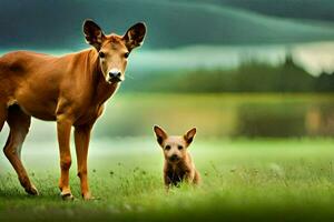 ein Hirsch und ein Hündchen Stehen im das Gras. KI-generiert foto