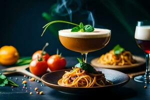 Spaghetti und Kaffee auf ein Teller mit ein Glas von Wein. KI-generiert foto