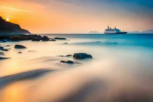 ein Kreuzfahrt Schiff im das Ozean beim Sonnenuntergang. KI-generiert foto