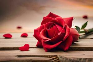 ein rot Rose ist Verlegung auf ein hölzern Tabelle mit Herzen. KI-generiert foto
