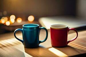 zwei Kaffee Tassen sitzen auf ein hölzern Tisch. KI-generiert foto