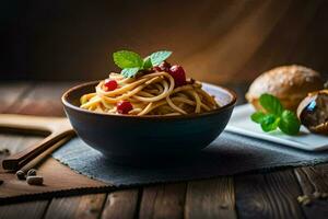 Spaghetti mit Tomate Soße und Brot auf ein hölzern Tisch. KI-generiert foto