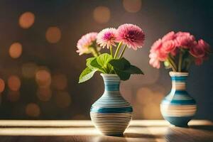 zwei Vasen mit Rosa Blumen Sitzung auf ein Tisch. KI-generiert foto