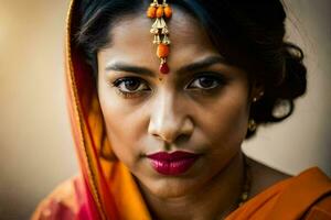 ein Frau im ein Orange Sari mit ein Gold Halskette. KI-generiert foto