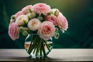ein Vase gefüllt mit Rosa und Weiß Blumen. KI-generiert foto