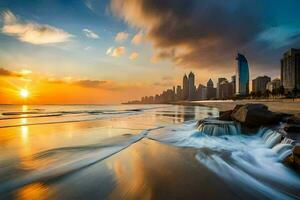 das Sonne setzt Über das Stadt Horizont im Dubai. KI-generiert foto