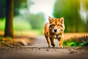 ein rot Wolf Gehen Nieder ein Schmutz Straße. KI-generiert foto