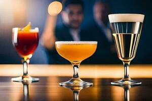 drei anders Typen von alkoholisch Getränke auf ein Bar. KI-generiert foto