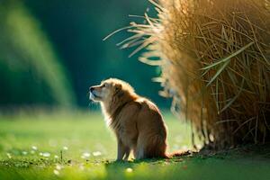 ein Hund Sitzung im das Gras in der Nähe von hoch Gras. KI-generiert foto