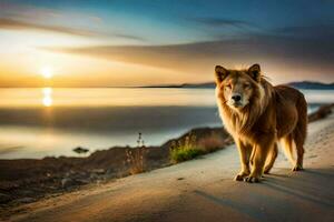 ein Hund steht auf das Strand beim Sonnenuntergang. KI-generiert foto