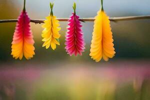 bunt Blumen hängend von ein Ast im ein Feld. KI-generiert foto