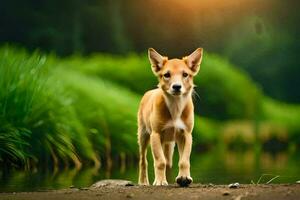 ein klein braun Hund ist Stehen auf das Boden in der Nähe von ein Fluss. KI-generiert foto