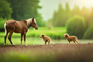 ein Pferd und zwei Welpen sind Stehen im das Gras. KI-generiert foto