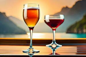 zwei Brille von Wein auf ein Boot mit ein Sonnenuntergang im das Hintergrund. KI-generiert foto