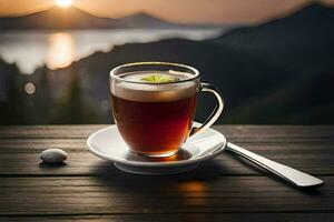 ein Tasse von Tee auf ein Tabelle mit ein Aussicht von das Berge. KI-generiert foto