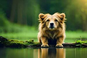 ein Hund Sitzung auf ein Log im das Wasser. KI-generiert foto