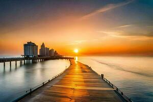 ein lange Seebrücke mit das Sonne Rahmen Über das Wasser. KI-generiert foto