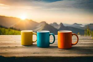 drei Kaffee Tassen auf ein hölzern Tabelle mit Berge im das Hintergrund. KI-generiert foto