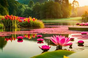 Rosa Lotus Blumen im das Wasser beim Sonnenuntergang. KI-generiert foto