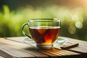 ein Tasse von Tee auf ein hölzern Tisch. KI-generiert foto