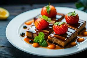 ein Teller gekrönt mit Erdbeeren und Sirup. KI-generiert foto