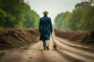 ein Mann im ein passen und Hut Gehen seine Hund Nieder ein Schmutz Straße. KI-generiert foto