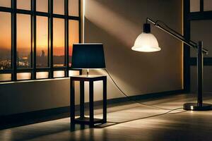 ein Lampe und ein Tabelle im ein Zimmer mit ein Aussicht von das Sonnenuntergang. KI-generiert foto