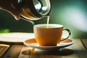 ein Person Gießen Tee in ein Tasse auf ein Tisch. KI-generiert foto