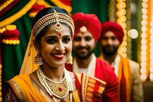 ein lächelnd Braut und Bräutigam im traditionell indisch Kleidung. KI-generiert foto