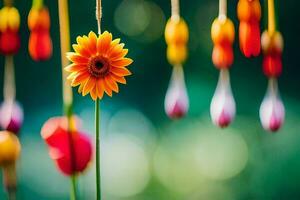 ein bunt Blume hängend von ein Schnur. KI-generiert foto