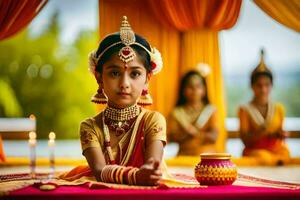ein wenig Mädchen im indisch Kleidung Sitzung auf ein Tabelle mit Kerzen. KI-generiert foto