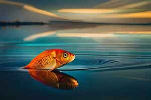 ein Fisch Schwimmen im das Wasser mit ein Sonnenuntergang im das Hintergrund. KI-generiert foto