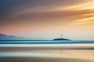 ein Leuchtturm steht auf das Ufer von ein Strand beim Sonnenuntergang. KI-generiert foto