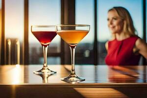zwei Cocktails auf ein Bar mit ein Frau Sitzung im das Hintergrund. KI-generiert foto