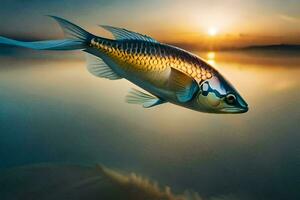 ein Fisch ist fliegend Über das Wasser beim Sonnenuntergang. KI-generiert foto