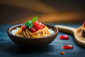 Spaghetti mit Erdbeeren und Basilikum Blätter im ein hölzern Schüssel. KI-generiert foto