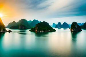 das Sonne setzt Über das Wasser im Halong Bucht, Vietnam. KI-generiert foto