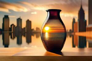 ein Vase mit ein Stadt Horizont im das Hintergrund. KI-generiert foto