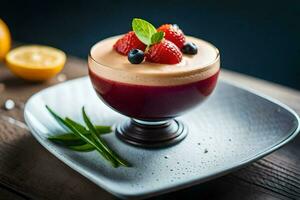 ein Dessert mit Beeren und Sahne auf ein Platte. KI-generiert foto