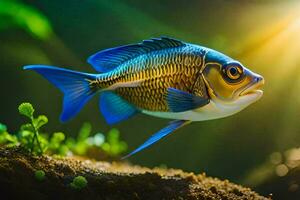 ein Fisch mit Blau und Gelb Streifen ist Schwimmen im das Wasser. KI-generiert foto