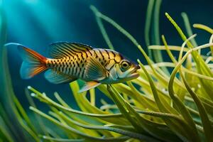 ein Fisch Schwimmen im das Wasser mit Gras. KI-generiert foto