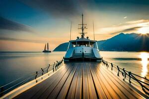 ein Boot angedockt beim das Ende von ein Dock. KI-generiert foto