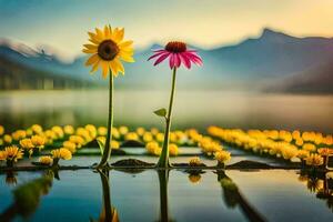 zwei Sonnenblumen sind Stehen im ein See mit Berge im das Hintergrund. KI-generiert foto