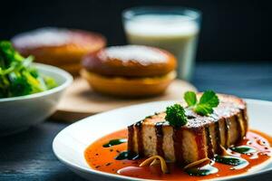 ein Teller von Essen mit Fleisch und Soße. KI-generiert foto