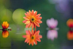 Orange Blume im das Wasser mit Grün Blätter. KI-generiert foto