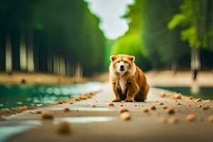 ein braun Bär Stehen auf ein Brücke in der Nähe von ein Fluss. KI-generiert foto