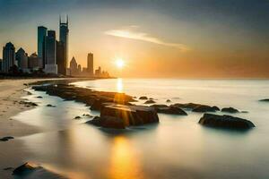 das Sonne setzt Über das Stadt Horizont im Dubai. KI-generiert foto