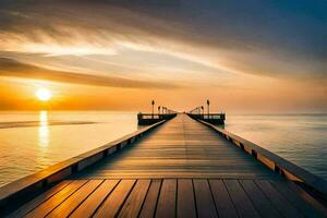 ein lange hölzern Seebrücke führt zu das Ozean beim Sonnenuntergang. KI-generiert foto