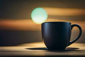 ein schwarz Kaffee Tasse Sitzung auf ein hölzern Tisch. KI-generiert foto